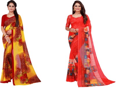 Saadhvi Printed Daily Wear Georgette Saree(Pack of 2, Red, Yellow)