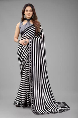 LAKHADATARI PRINTS Striped Bollywood Georgette Saree(White, Black)