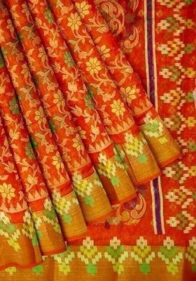 Laxmi Vinayaka Textiles Printed Daily Wear Cotton Linen Saree(Orange)