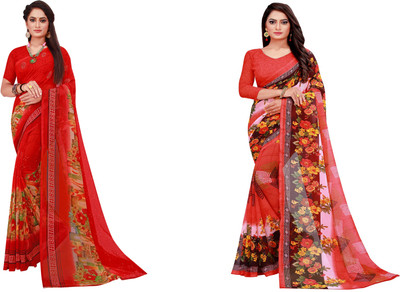 Divastri Floral Print Daily Wear Georgette Saree(Pack of 2, Multicolor)