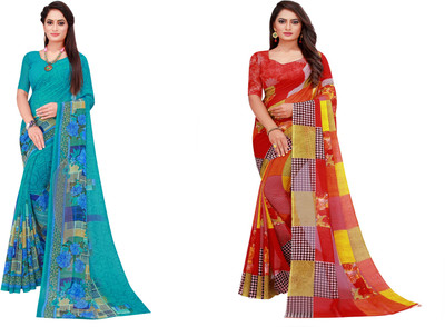 Divastri Floral Print Daily Wear Georgette Saree(Pack of 2, Multicolor)