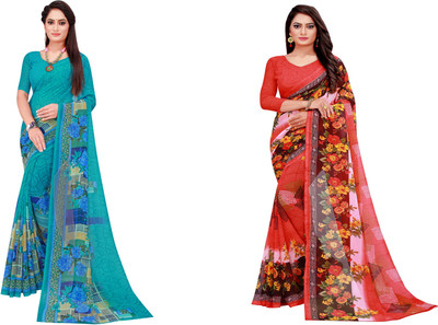 Divastri Floral Print Daily Wear Georgette Saree(Pack of 2, Multicolor)
