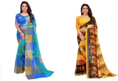 Saadhvi Printed Daily Wear Georgette Saree(Pack of 2, Blue)