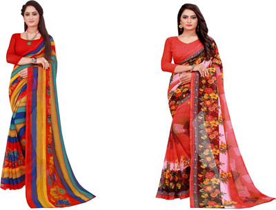 Divastri Geometric Print Daily Wear Georgette Saree(Pack of 2, Green)
