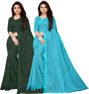 DEVYOG ENTERPRISE Self Design Bollywood Net Saree(Pack of 2, Light Blue, Green)