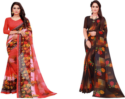 Divastri Floral Print Daily Wear Georgette Saree(Pack of 2, Multicolor)