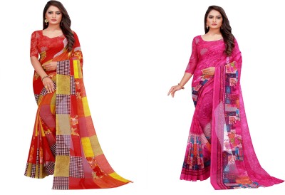 Samai Floral Print Daily Wear Georgette Saree(Pack of 2, Red, Pink)