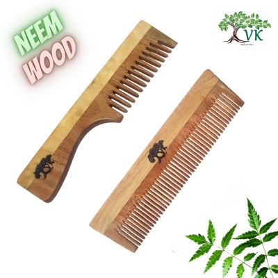 VK Stores Handmade Neem Wood Comb for Healthy Hair (1Detangle Comb+1RegularComb)