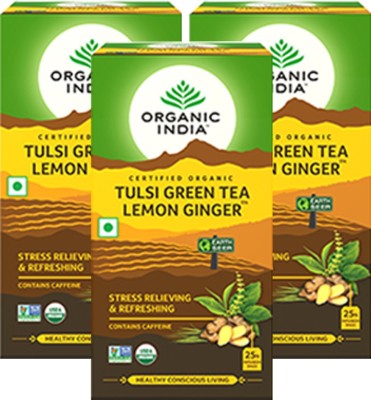 ORGANIC INDIA Tulsi Ginger Lemon Green Tea Bags Box(3 x 25 Bags)