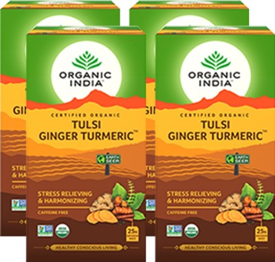 ORGANIC INDIA Ginger Turmeric Tulsi Green Tea Bags Box(4 x 25 Bags)