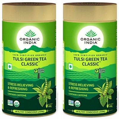 ORGANIC INDIA Tulsi Green Tea Classic 100gm Tin ( Pack of 2 ) Tulsi Green Tea Drum(2 x 50 g)