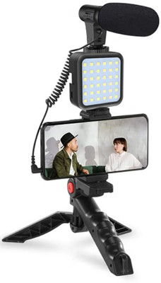 MJ Hub Mobile Vlogging Kit with Microphone Tripod Stand and LED Light, Video Making Tripod Kit(Black, Supports Up to 1500 g)