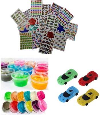 imtion 3 IN 1 ( 3 BIP Sticker + 1 Car shape ERASER + 3 Crystal slime jelly any color)