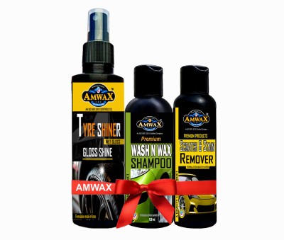 amwax TYRE SHINER 200 ML, WASH N WAX SHAMPOO 120 ML, SCRATCH & STAIN REMOVER 120 ML Combo