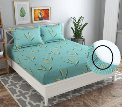 VAS COLLECTIONS 180 TC Cotton King Striped Fitted (Elastic) Bedsheet(Pack of 1, Green)