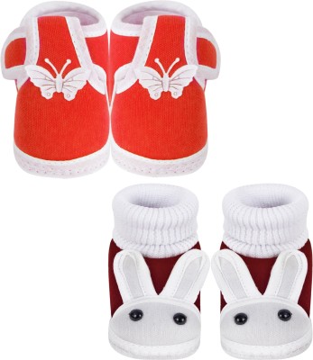 Neska Moda 0 To 6 Month Newborn Baby Boy & Baby Girls 2 Pair Soft Cotton Skin-Friendly Baby Booties(Toe to Heel Length - 10 cm, Red, Maroon)