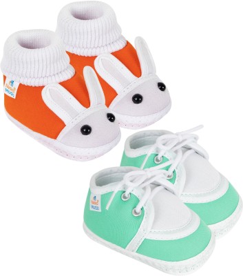 Neska Moda 12 To 18 Month Non Slip Baby Boys & Girls 2 Pair Combo Cotton Rabbit and Lace Booties(Toe to Heel Length - 14 cm, Orange, Mint)