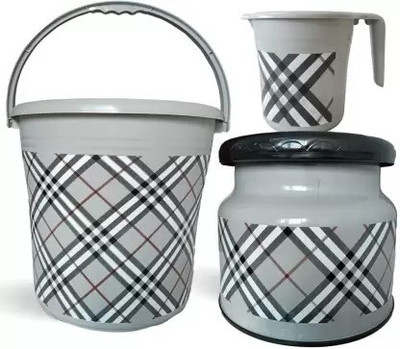 YASHODEEP PLASTIC New Plastic Frosty Checks Print Bucket (16 L) with Stool & Mug (1 L) ( Grey ) 16 L Plastic Bucket