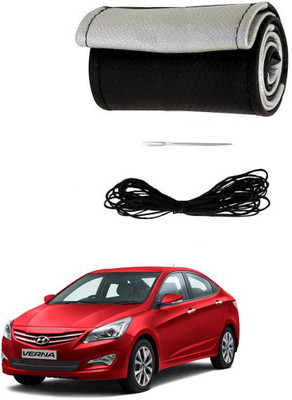 AYW Hand Stiched Steering Cover For Hyundai Verna Fluidic(Black, Silver, Leather)