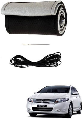 AYW Hand Stiched Steering Cover For Honda City(Black, Silver, Leather)