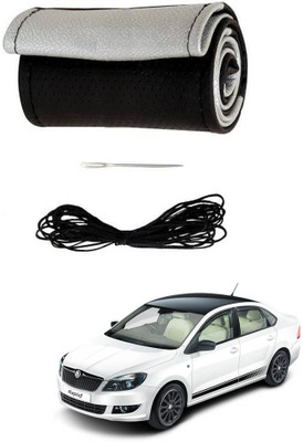 AYW Hand Stiched Steering Cover For Skoda Rapid(Black, Silver, Leather)