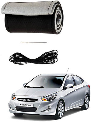 AYW Hand Stiched Steering Cover For Hyundai Verna(Black, Silver, Leather)