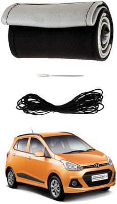 AYW Hand Stiched Steering Cover For Hyundai Grand i10(Black, Silver, Leather)