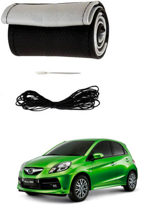 AYW Hand Stiched Steering Cover For Honda Brio(Black, Silver, Leather)