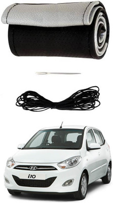 AYW Hand Stiched Steering Cover For Hyundai Grand i10(Black, Silver, Leather)