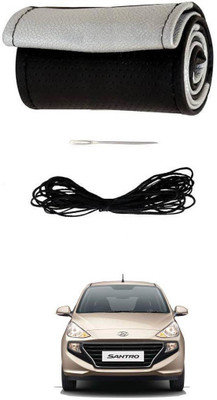 AYW Hand Stiched Steering Cover For Hyundai Santro(Black, Silver, Leather)