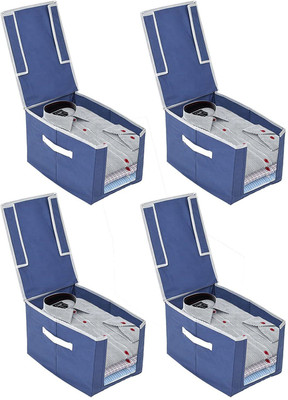 SH NASIMA 004 Premium Shirt Stacker Closet Storage Organizer Box with Clear Window, Attached Lid and handle Blue Pack OF 4(Blue)