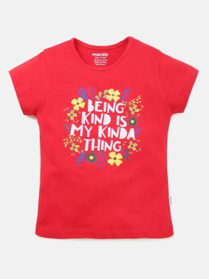 Mackly Girls Typography Cotton Blend T Shirt(Red, Pack of 1)
