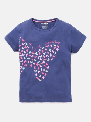 Mackly Girls Printed Cotton Blend T Shirt(Dark Blue, Pack of 1)