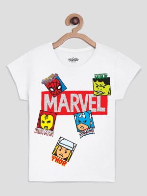 Marvel Comics By Kidsville Girls Printed Pure Cotton T Shirt(White, Pack of 1)