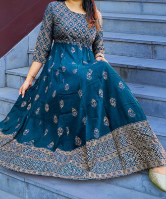 BRAHMASTRA Women Printed Anarkali Kurta(Dark Blue)
