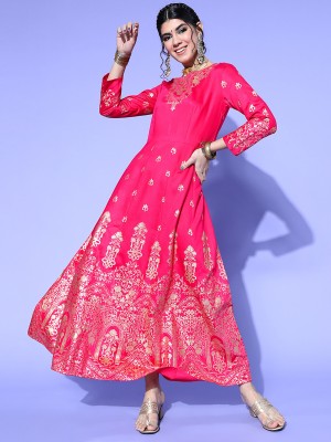 Indo Era Women Printed Ethnic Dress Kurta(Pink)