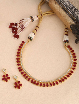 Barkiya Jewel GOLD PLATED ALLOY NECKLESS WITH PINKISH RED CRYSTAL Beads Gold-plated Plated Alloy Necklace Set