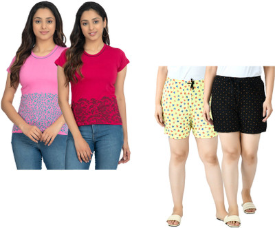 KAVYA Women Printed Multicolor Top & Shorts Set