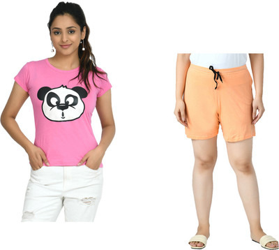 IndiWeaves Women Printed Pink, Orange Top & Shorts Set