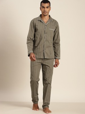 Hancock Men Striped Green Shirt & Pyjama set