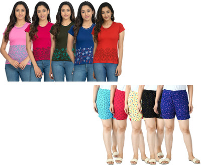 Indistar Women Printed Multicolor Top & Shorts Set