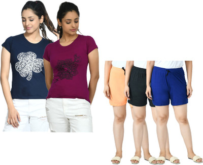 IndiWeaves Women Floral Print, Solid Multicolor Top & Shorts Set