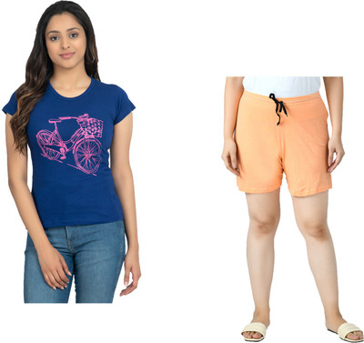 IndiWeaves Women Printed Blue, Orange Top & Shorts Set