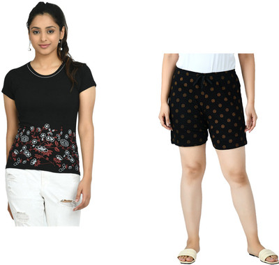 Indistar Women Printed Black Top & Shorts Set