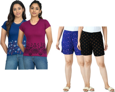 IndiWeaves Women Printed Multicolor Top & Shorts Set