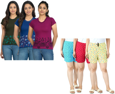 KAVYA Women Floral Print Multicolor Top & Shorts Set