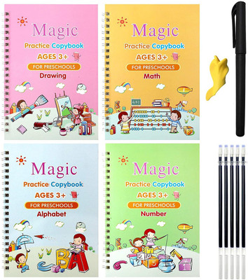 Viradiya's Magic Reusable Practice Copybook, Practice Copybook For Age 3-5 Calligraphy Simple Hand Lettering (Exercise Book Four Sets) Numbers, English, Painting, Addition And Subtraction(Spiral, Viradiya's)