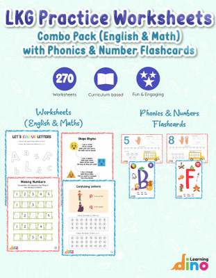 Learning Dino LKG Practice Worksheets Combo Pack (English & Math) With Phonic And Number Flashcards(100 GSM Paper, Learning Dino)