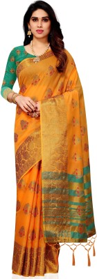 iZibra Woven Kanjivaram Pure Silk, Cotton Silk Saree(Yellow, Mustard)