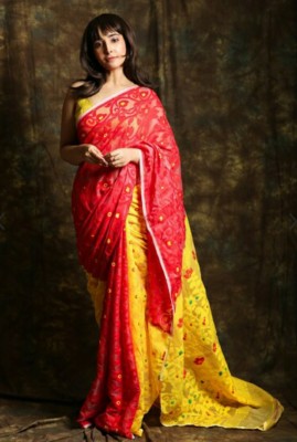 Krishneshwari Self Design, Woven Jamdani Cotton Silk Saree(Maroon, Yellow)